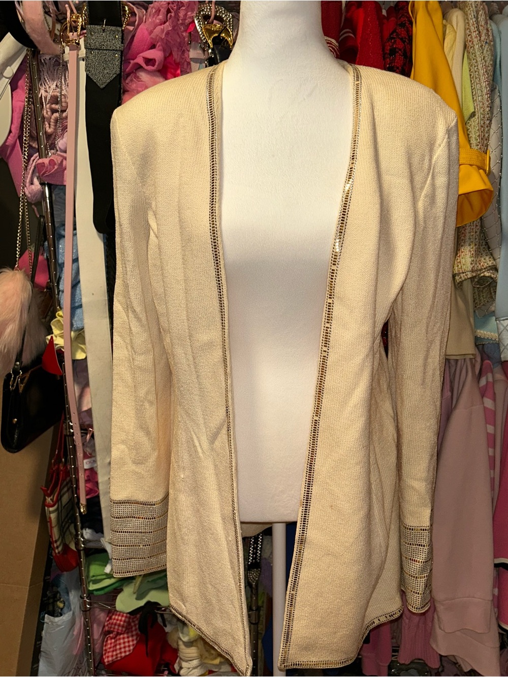 St. John Cream Open-Front Knit Cardigan with Metallic Trim— Damage Detailed
